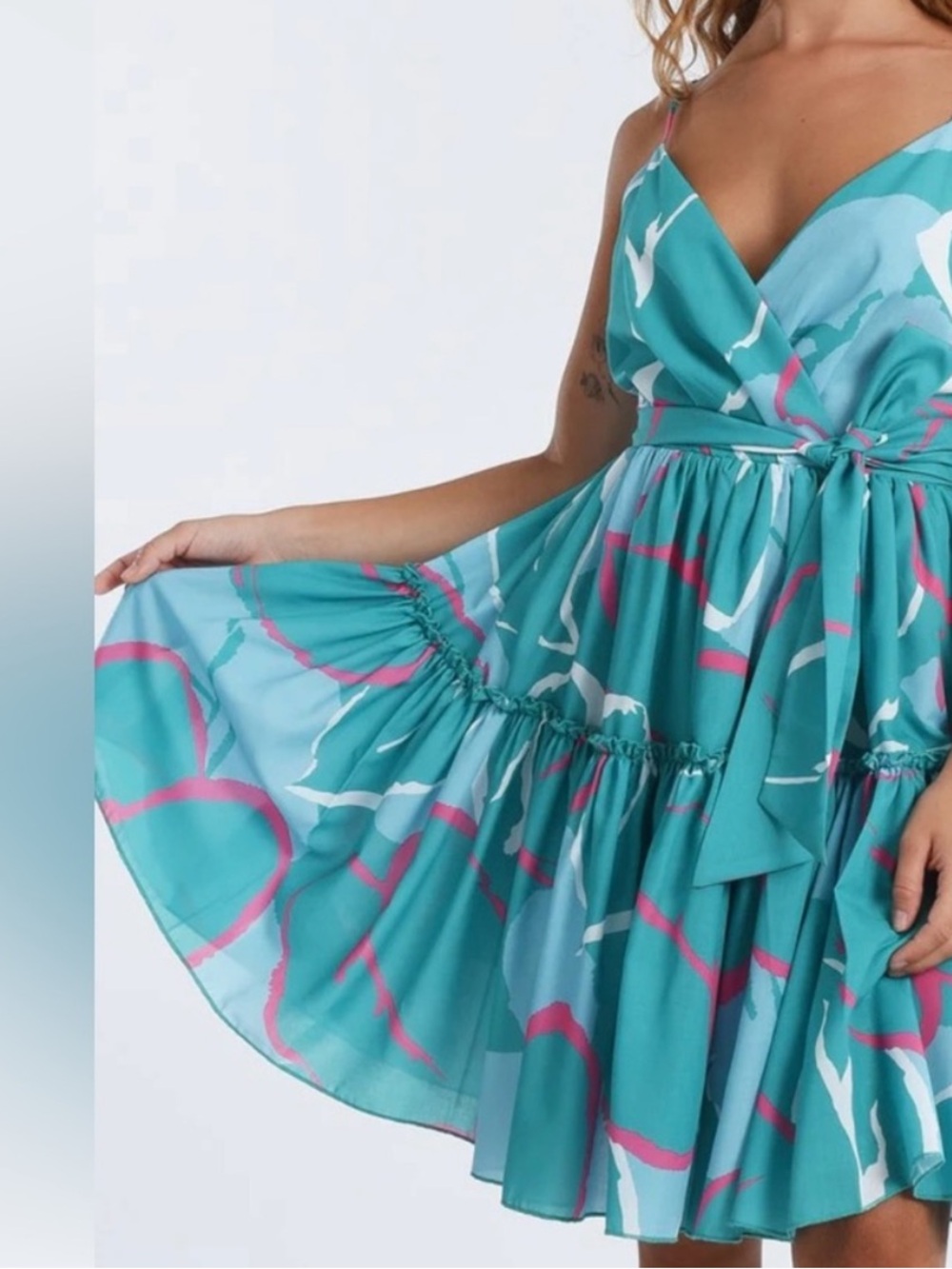 Lilly Sidonio Aqua & Pink Floral Wrap Mini Dress